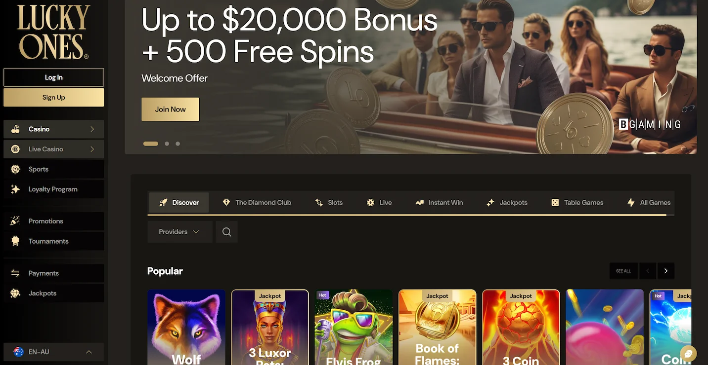 Lucky Ones homepage featuring welcome bonus and pokies game navigation