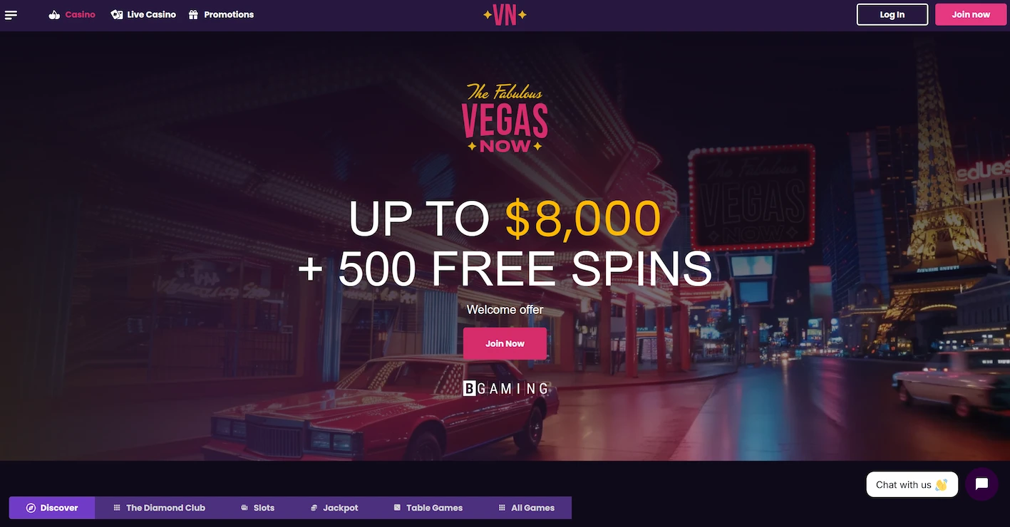 VegasNow homepage showing wellcome bonus offer